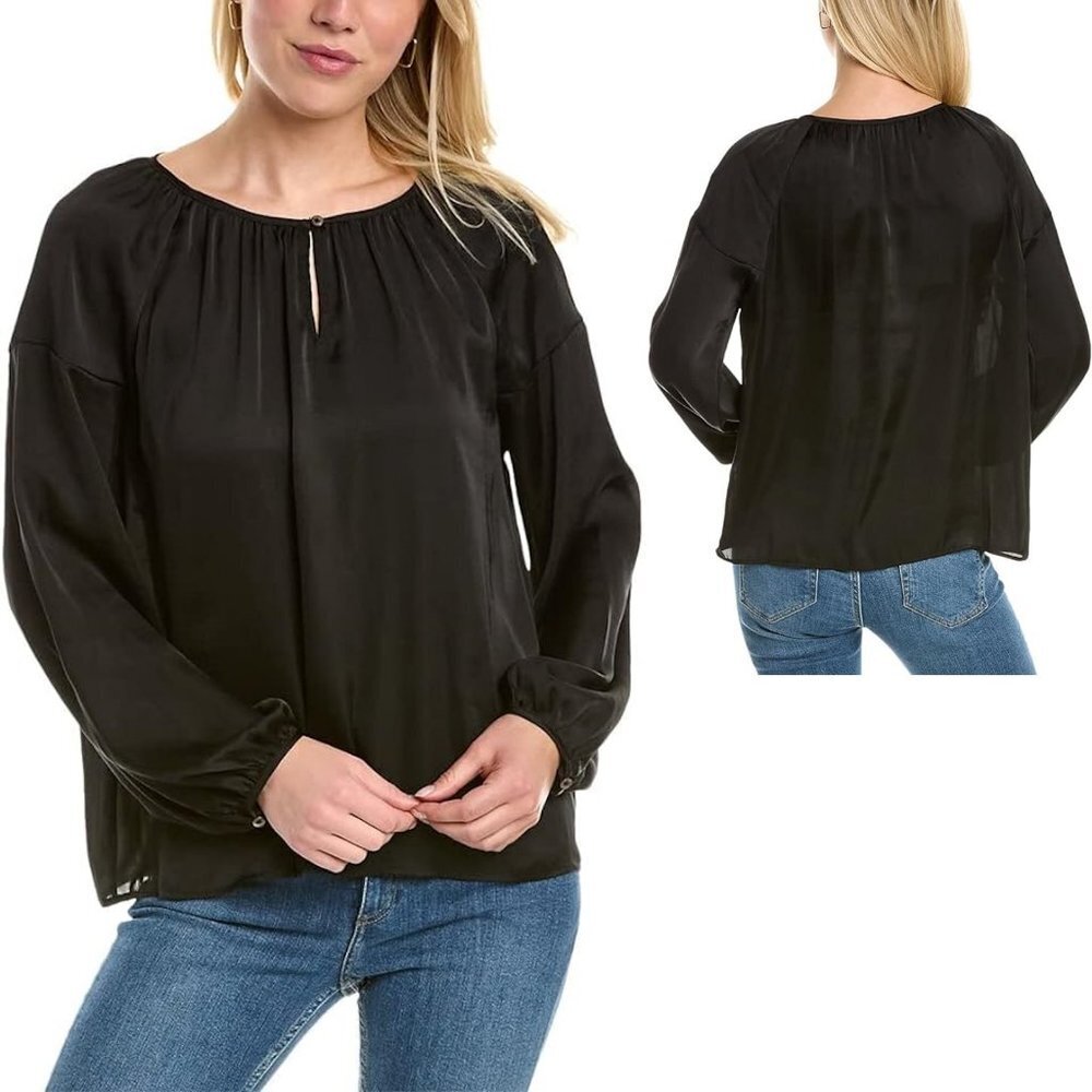 Vince Camuto Black Satin Keyhole Peasant Long Sleeve Top Size XL